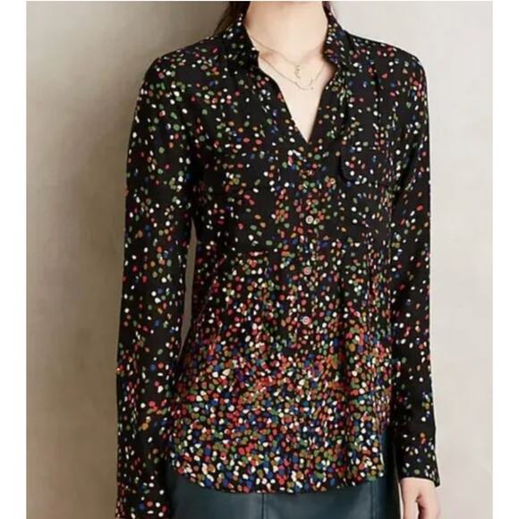 Anthropologie Maeve Wynwood Confetti Dot Black Button Down Blouse Size 6 - Picture 1 of 2